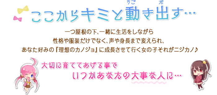 ここからキミと動き出す…一つ屋根の下、一緒に生活をしながら 性格や服装だけでなく、声や身長まで変えられ、あなた好みの『理想のカノジョ』に成長させて行く女の子それがニジカノ♪大切に育ててあげる事でいつかあなたの大事な人に…