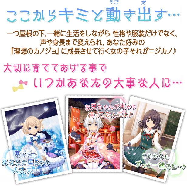 ここからキミと動き出す…一つ屋根の下、一緒に生活をしながら 性格や服装だけでなく、声や身長まで変えられ、あなた好みの『理想のカノジョ』に成長させて行く女の子それがニジカノ♪大切に育ててあげる事でいつかあなたの大事な人に…